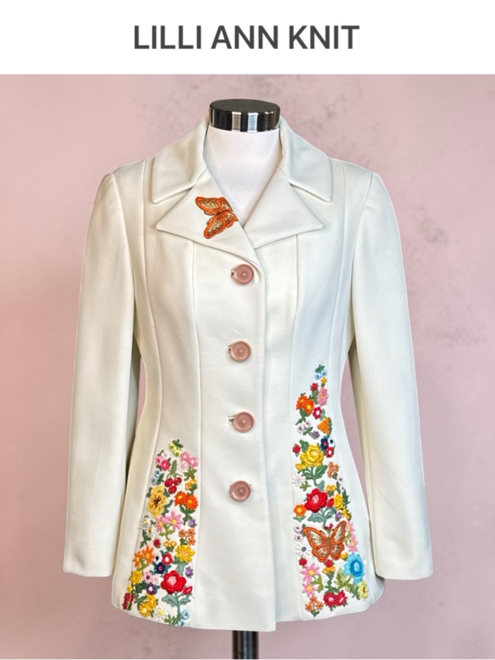 RARE VINTAGE LILLI ANN KNIT EMBROIDERY FLORAL BUTTERFLY ART BLAZER CREAM COUTURE